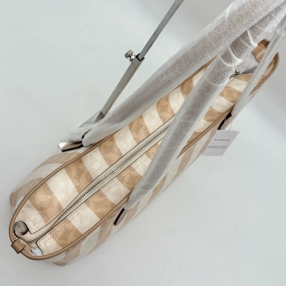 Coach Large City Tote Bag In Signature Canvas With Stripe Silver Sand Tan
